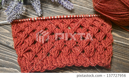 Knitting patterns with a raised pattern and yarn on a dark background Terracotta Knitting patterns with a raised pattern and yarn on a dark background Terracotta 137727956
