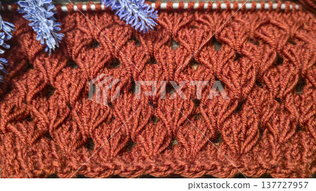 Knitting patterns with a raised pattern and yarn on a dark background Terracotta Knitting patterns with a raised pattern and yarn on a dark background Terracotta 137727957
