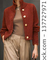 A girl wearing colorful knitwear. Fashionable design, modeling sample. 137727971
