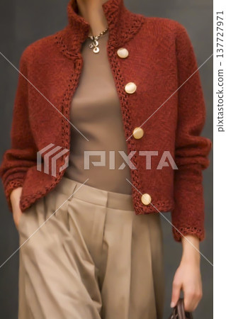 A girl wearing colorful knitwear. Fashionable design, modeling sample. 137727971