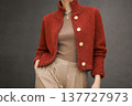 A girl wearing colorful knitwear. Fashionable design, modeling sample. 137727973