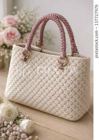 Women's colorful knitted bag. Fashionable design, sample for demonstration. AI Women's colorful knitted bag. Fashionable design, sample for demonstration. AI 137727976