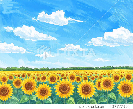 一片充滿活力的向日葵田，用蠟筆繪製而成，在藍天的襯托下，彷彿在跳動著生命的脈動。 137727993