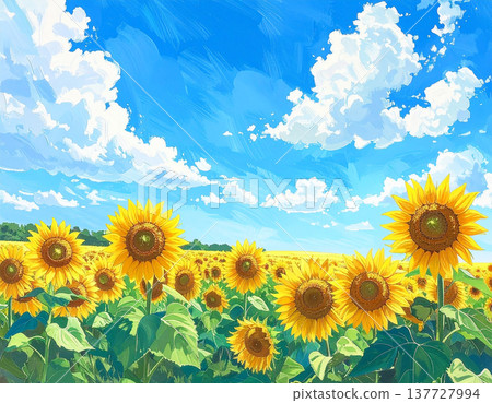 一片充滿活力的向日葵田，用蠟筆繪製而成，在藍天的襯托下，彷彿在跳動著生命的脈動。 137727994