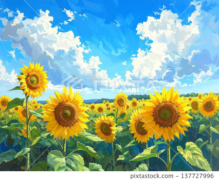一片充滿活力的向日葵田，用蠟筆繪製而成，在藍天的襯托下，彷彿在跳動著生命的脈動。 137727996