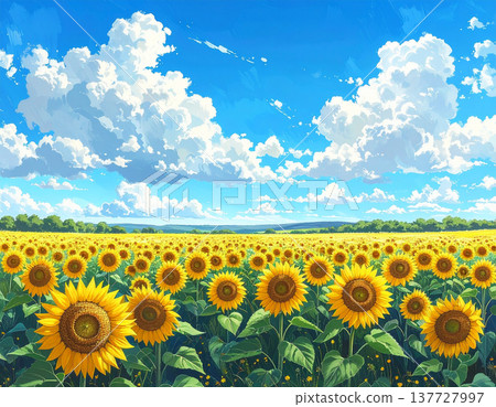 一片充滿活力的向日葵田，用蠟筆繪製而成，在藍天的襯托下，彷彿在跳動著生命的脈動。 137727997