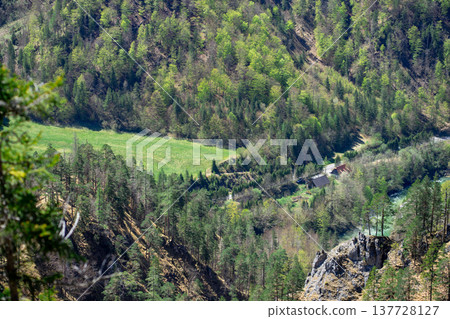 Top view of a small mountain valley and a mountain river in the Austrian Alps Top view of a small mountain valley and a mountain river in the Austrian Alps 137728127