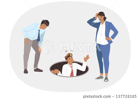 Team of business people explore abyss, experiencing perplexity due to lack of solutions to problems 137728185