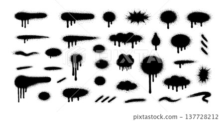 Graffiti spray paint splatter set with drips and stains, urban street art stencil collection of black aerosol marks, grunge texture elements for posters, backgrounds and edgy graphic design Graffiti spray paint splatter set with drips and stains, urban street art stencil collection of black aerosol marks, grunge texture elements for posters, backgrounds and edgy graphic design 137728212