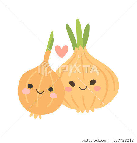 Cute onion cartoon pair with smiling faces and hearts, friendly vegetable illustration symbolizing fresh farm produce, healthy cooking ingredients and playful kitchen design Cute onion cartoon pair with smiling faces and hearts, friendly vegetable illustration symbolizing fresh farm produce, healthy cooking ingredients and playful kitchen design 137728218
