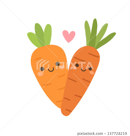 Cute carrot cartoon pair with smiling faces and green leaves, playful vegetable illustration about healthy food, farming and nutrition, perfect for kids design, recipes and gardening blogs 137728219