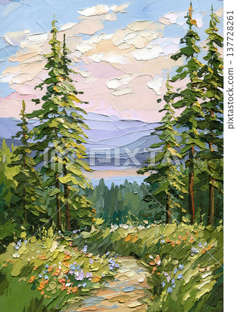 Pine forest landscape impasto oil painting with meadow path distant lake and soft pastel sky on textured canvas Pine forest landscape impasto oil painting with meadow path distant lake and soft pastel sky on textured canvas 137728261
