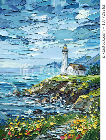 Lighthouse coastal landscape impasto oil painting with ocean cliffs wildflowers and dramatic blue sky on textured canvas Lighthouse coastal landscape impasto oil painting with ocean cliffs wildflowers and dramatic blue sky on textured canvas 137728262