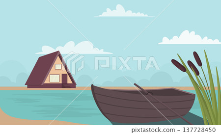 house and boat on a lake house and boat on a lake 137728450