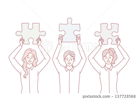 Man and women employees startup demonstrate jigsaw puzzles to show team work. Vector image Man and women employees startup demonstrate jigsaw puzzles to show team work. Vector image 137728568