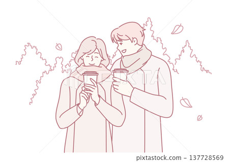 Smiling an and woman in warm clothes walking in autumn park and drinking hot coffee. Vector image Smiling an and woman in warm clothes walking in autumn park and drinking hot coffee. Vector image 137728569