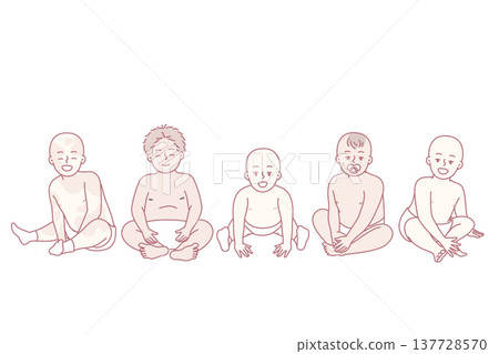 Diverse babies in diapers of different races and nationalities sit side by side. Vector image 137728570