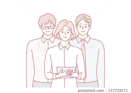 Team young professionals from woman with tablet and two men in business clothes. Vector image 137728571