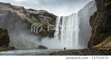 A colossal waterfall thunders down a sheer cliff face, creating mist and spray, with a person standing at the base enjoying the natural beauty A colossal waterfall thunders down a sheer cliff face, creating mist and spray, with a person standing at the base enjoying the natural beauty 137728578