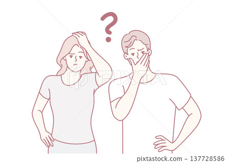 Thoughtful man and woman look forward embarrassedly touch mouth and head. Vector image 137728586