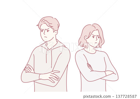 Young family man and woman stand in offended pose after quarrel or disagreement. Vector image Young family man and woman stand in offended pose after quarrel or disagreement. Vector image 137728587