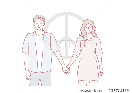 Man and woman dressed in casual style hold hands standing near symbol of pacifism. Vector image Man and woman dressed in casual style hold hands standing near symbol of pacifism. Vector image 137728589