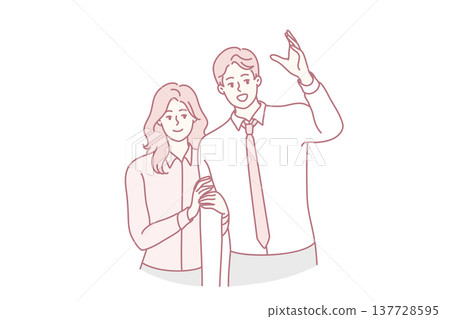 Man raising hand wanting to be noticed and modest smiling woman standing behind. Vector image 137728595