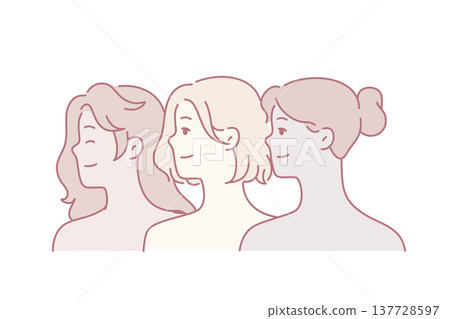 Diverse multiracial beautiful women with bare shoulders look one way and smile. Vector image Diverse multiracial beautiful women with bare shoulders look one way and smile. Vector image 137728597