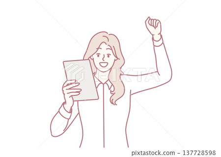 Happy woman raising hand making victory gesture and looking at electronic tablet. Vector image Happy woman raising hand making victory gesture and looking at electronic tablet. Vector image 137728598