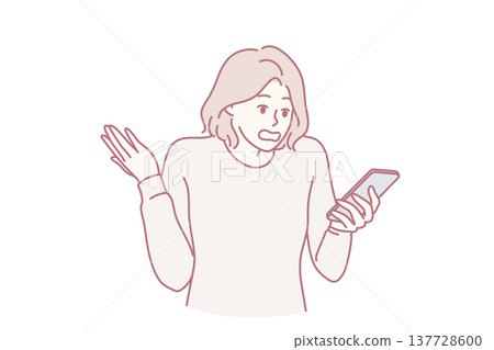 Puzzled woman holding phone and reading unpleasant SMS from bank makes wave of hand. Vector image 137728600