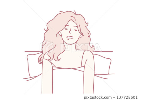 Disheveled woman in nightgown sits in bed after abrupt awakening or unpleasant dreams. Vector image Disheveled woman in nightgown sits in bed after abrupt awakening or unpleasant dreams. Vector image 137728601
