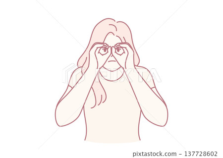 Curious woman using hands instead of binoculars wants to know someone else secret. Vector image Curious woman using hands instead of binoculars wants to know someone else secret. Vector image 137728602