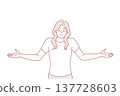 Unsure woman throws up hands demonstrating lack of correct answer to question asked. Vector image 137728603