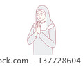 Positive woman in clothes of catholic nun closing eyes praying turning to God. Vector image 137728604