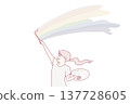 Happy teenage girl paints rainbow in sunny sky with brush and palette. Vector design 137728605