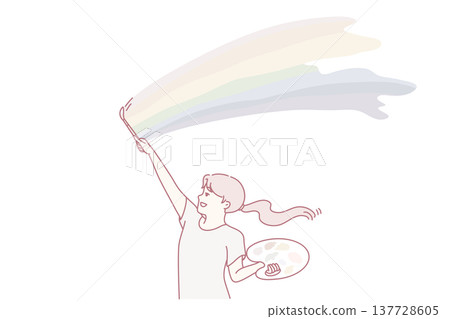 Happy teenage girl paints rainbow in sunny sky with brush and palette. Vector design 137728605