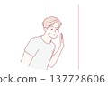 Embarrassed man leaned against door, wanting to eavesdrop on someone else secret. Vector image 137728606