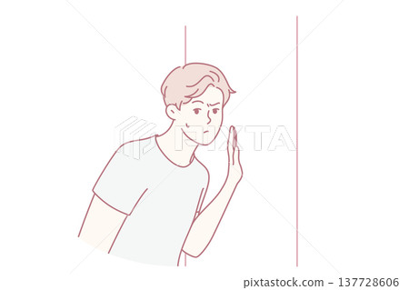 Embarrassed man leaned against door, wanting to eavesdrop on someone else secret. Vector image Embarrassed man leaned against door, wanting to eavesdrop on someone else secret. Vector image 137728606