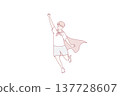 Teenager boy in superhero cape stretches hand up and represents flight to save people. Vector image 137728607