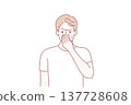 Dissatisfied man pinching nose with hand suffering from unpleasant smell of sweat. Vector image 137728608