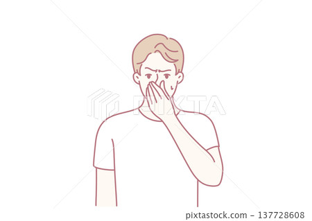 Dissatisfied man pinching nose with hand suffering from unpleasant smell of sweat. Vector image Dissatisfied man pinching nose with hand suffering from unpleasant smell of sweat. Vector image 137728608