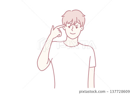 Man touches temple with finger wanting to show presence of important idea. Vector image 137728609