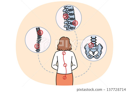 Woman with sore spine stands with back to camera and needs help of massage therapist or osteopath Woman with sore spine stands with back to camera and needs help of massage therapist or osteopath 137728714
