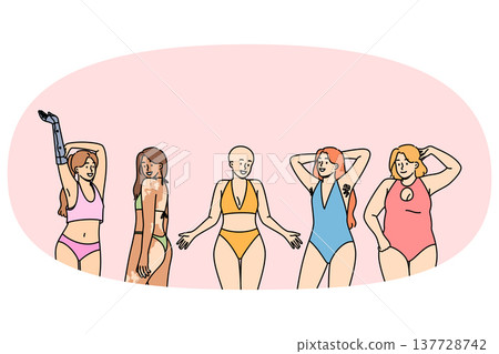 Variety women promote philosophy of body positivity while standing in underwear next to friends 137728742