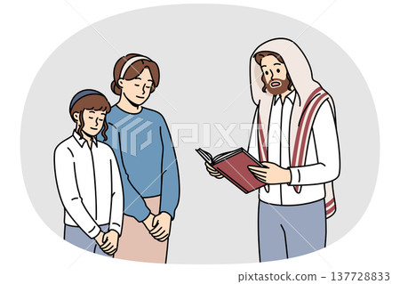 Religious jewish man reads torah to wife and son on eve of hanukkah or passover. Religious jewish man reads torah to wife and son on eve of hanukkah or passover. 137728833