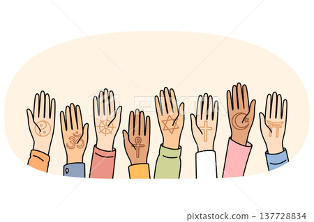 World religions day celebrated by multiracial people by raising palms up as sign unity World religions day celebrated by multiracial people by raising palms up as sign unity 137728834
