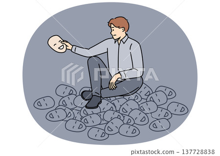 Masks with fake smile around man who uses hypocrisy to communicate with colleagues on daily basis 137728838