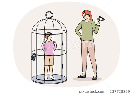 Overprotection and violence against children from woman standing near small cage with daughter 137728839