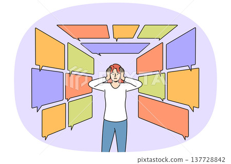 Information overload causes discomfort for woman standing among dialogue bubbles Information overload causes discomfort for woman standing among dialogue bubbles 137728842