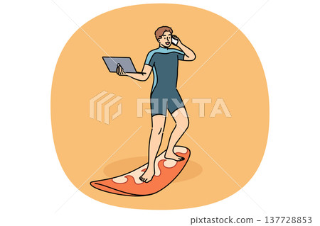 Business man works standing on surfboard, with laptop and mobile phone in hands. Business man works standing on surfboard, with laptop and mobile phone in hands. 137728853